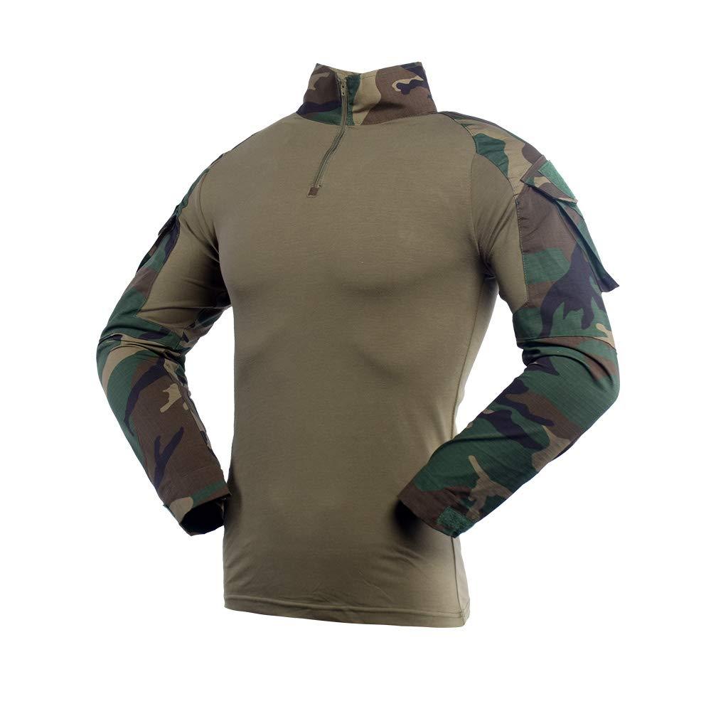 LANBAOSI Mens Ripstop Tactical Shirt Long Sleeve Combat Shirt Multicam Military T Shirts Airsoft Hunting Woodland