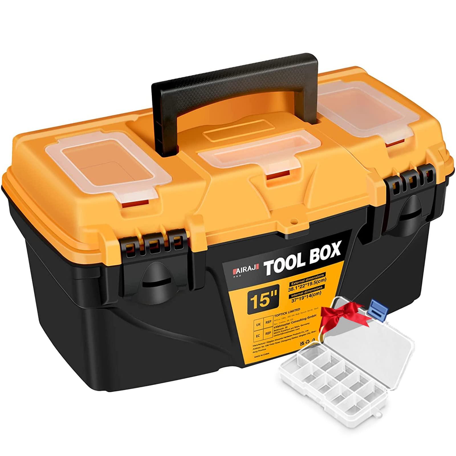 AIRAJ 15" Tool Box with Double Locking Buckle, Lightweight Plastic Tool Box with Removable Tray and Small Parts Box,Portable Tool Storage Box for Tools(38.1 * 22 * 19.5cm) 5