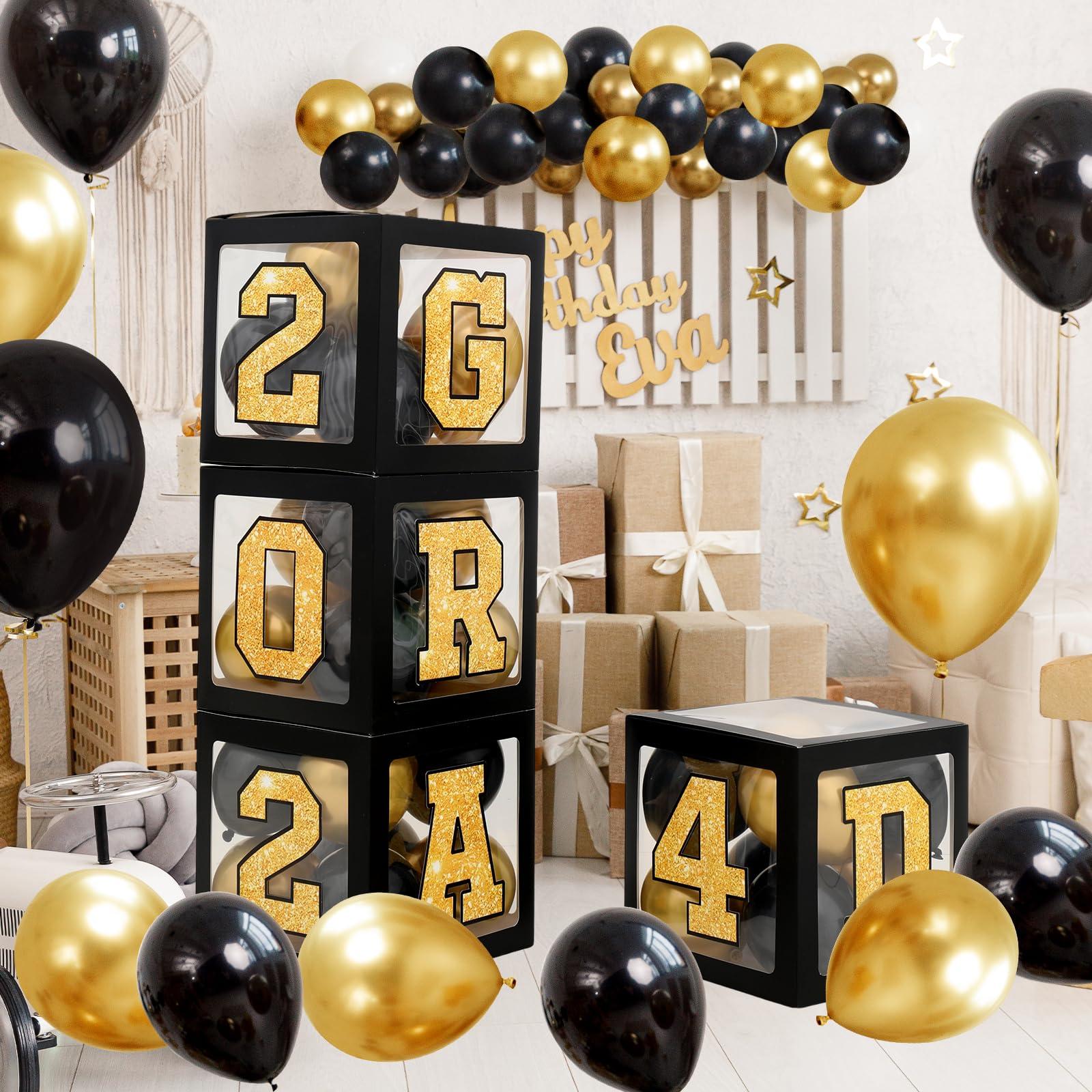 2024 Graduation Decorations Balloon Boxes - Black Gold Graduation Party Decorations Class Of 2024, 4pcs Balloons Box With Grad, 2024,Perfect For Graduation Prom Decorations Leavers 2024 Decorations 0