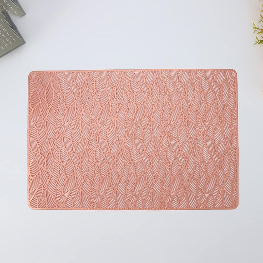 Hosoncovy 4 Pack Decorative Rectangle PVC Placemats Leaf Placemats Hollow Dining Table Place Mats Heat Resistant Non-slip Dining Placemats Table Mats for Home Kitchen Wedding (Rose Gold)