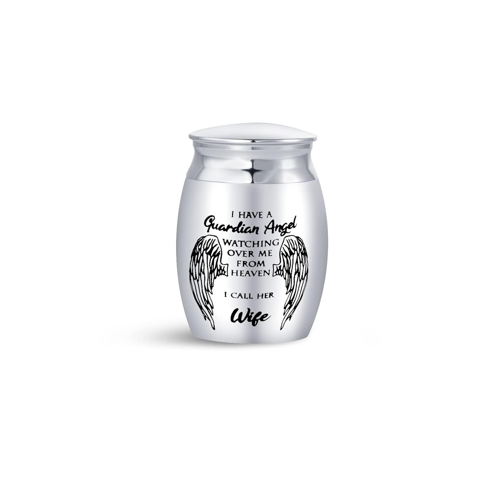 FGT Small Mini Urn for Ashes Wife Women Mum Family Stainless Steel Cremation Funeral Memorial Keepsake I Have A Guardian Angel