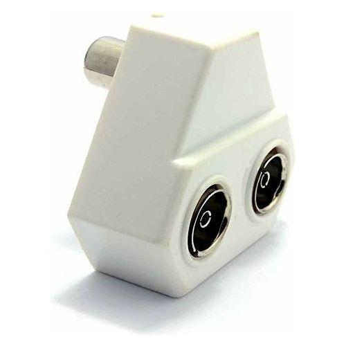 1STec 90Â° Right Angled 2 Way Standard Coax Connector Roof Top Aerial Wire Wall Outlet Splitter for UHF Freeview Digital TV with Push in Coaxial Male Plug that Creates Twin Female Line Out Sockets 0
