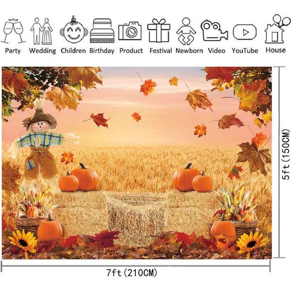 Autumn Photography Background Fall Harvest Barn Party Backdrop Pumpkin Maple Leaf Hay Wooden Decor Baby Shower Cake Table Banner Photo Display Stand (8x6ft) 1