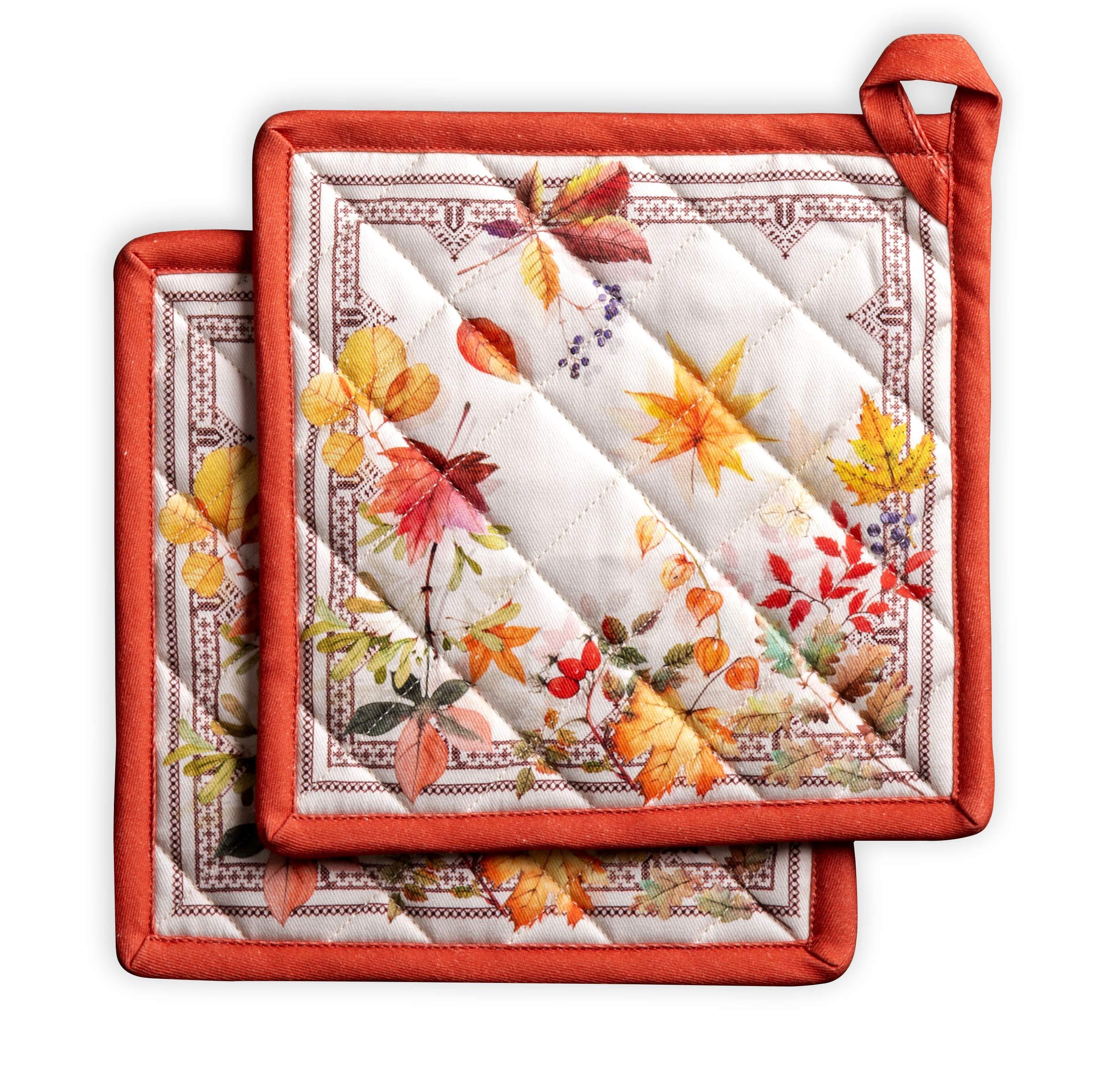 Maison d' Hermine Pretty Autumn Set of 2 Pot Holders with Loop Heat Resistant for BBQ | Cooking | Baking | Grilling | Microwave | Barbecue | Thanksgiving/Christmas (20 cm x 20 cm) 5