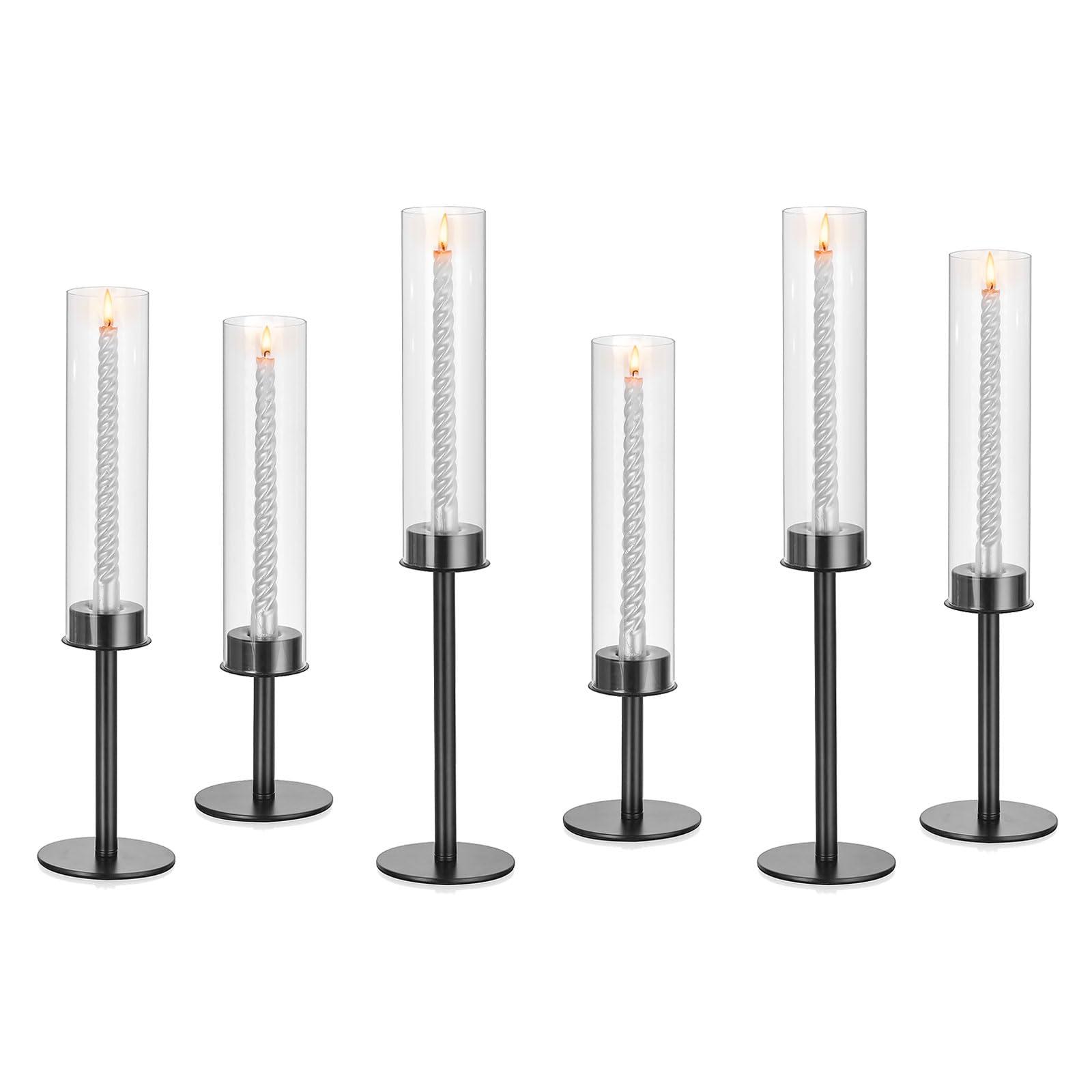 Glasseam Candlestick Holders Set of 6, Black Candle Holders for Long Candles, Modern Taper Candle Holder Metal with Cylinder Hurricane Glass, Tall Candlesticks Holder for Home Party Dinner Table 0