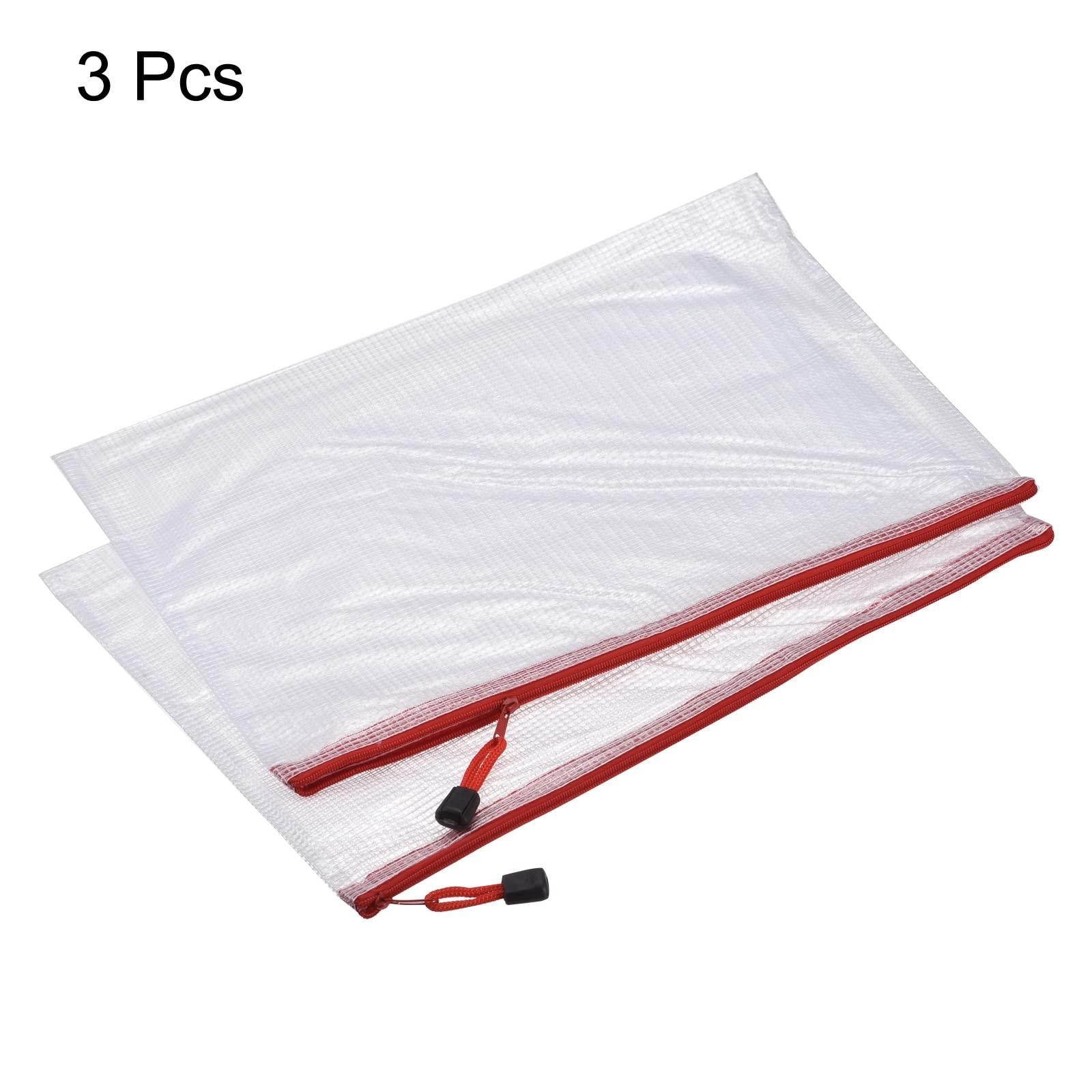 sourcing map Mesh Zipper Bags, A3 Size Plastic Zip File Pouch Document Folders for Home Office Travel, Red Pack of 3 2