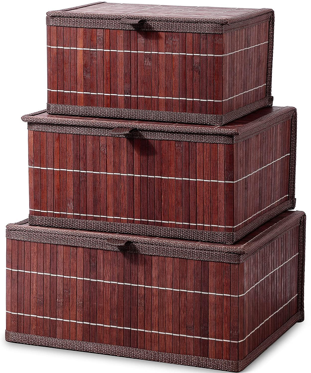 Honygebia Bamboo Decorative Storage Boxes - Set of 3 Woven Lined Storage Basket with Lids, Retro Brown Wicker Lidded Baskets for Home Kitchen Shelf Organizer Decor