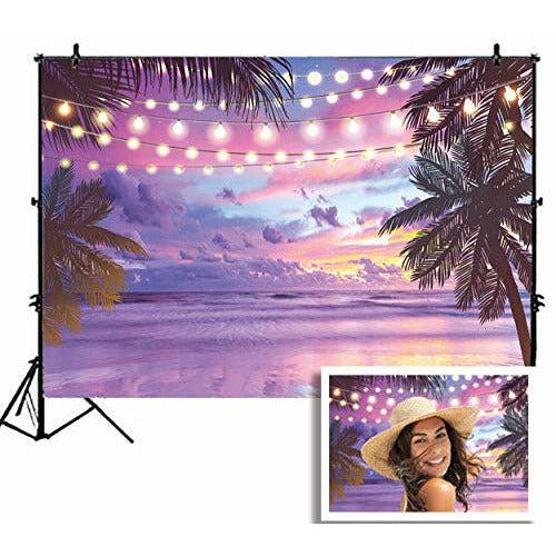 Summer Tropical Purple Sunset Backdrop Beach Hawaiian Seaside Ocean Palm Photography Background Wedding Birthday Party Banner Baby Shower Photo Studio Props 8x6FT 0