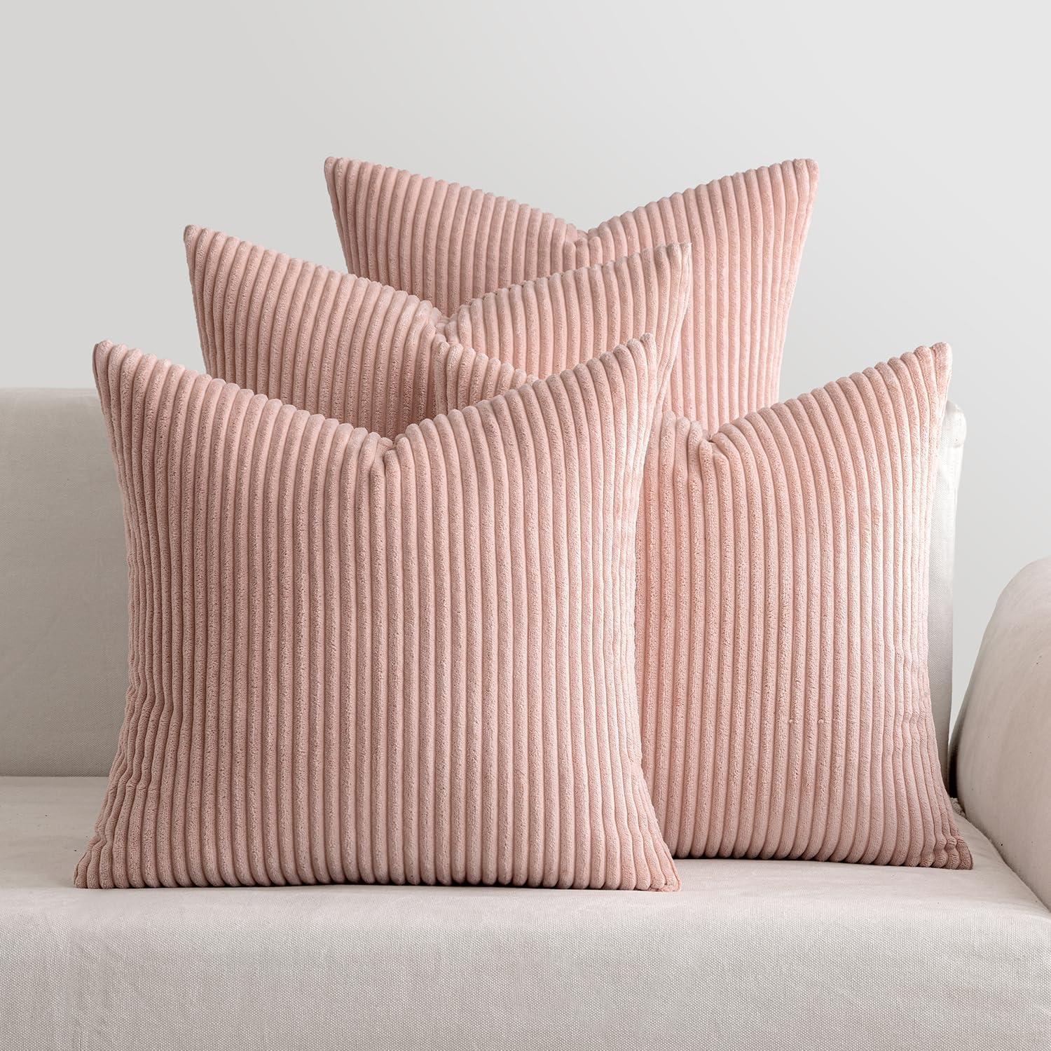 MIULEE Set of 4 Corduroy Cushion Covers Soft Decorative Square Throw Pillow Covers for Spring Cushion Soft Pillowcase Striped Corduroy Cushion Covers Pack of four for Home decor Sofa 20x20inch Pink 0