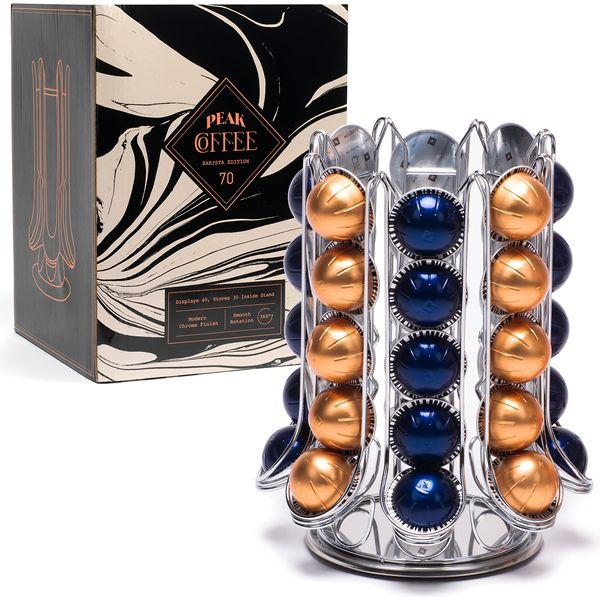 Peak Coffee Capsule Holder for 70 Nespresso Vertuo Vertuoline Pods - 40 Displayed on Outer with 30 Inside Carousel - Capsules Pod Storage Organiser 360° Rotating Rack Stand - Chrome