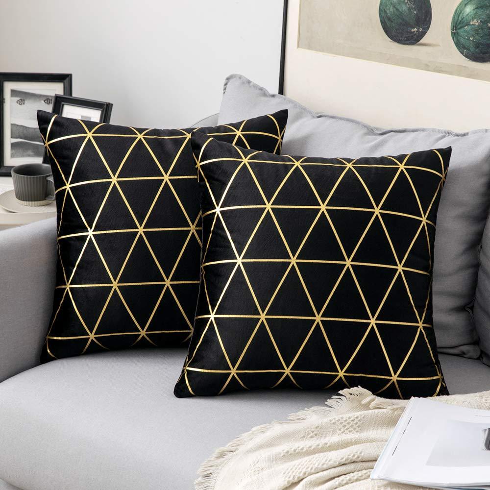 MIULEE Velvet Cushion Covers Gilded Modern Throw Pillow Cover Square Decorative Black and Gold Pillows with Gold Lines Soft Home for Sofa Living Room Bedroom 20 x 20 Inch 50 x 50 cm Pack of 2 0