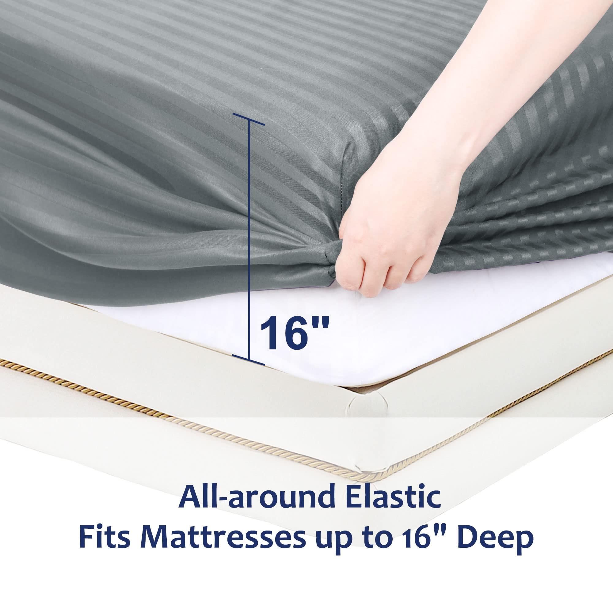 PiccoCasa 100GSM Microfiber Striped Bed Fitted Sheet, 16 Inch Deep Pocket Bed Mattress Cover, Durable Soft Breathable Wrinkle Resistant Bottom Sheets Dark Grey King 3