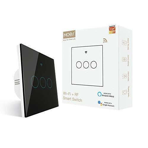 MOES WiFi RF433 Smart Touch Wall Switch No Neutral Wire Needed,Single Fire Smart Switch Smart Life/Tuya App,Compatible with Alexa and Google Home 1 Way Black,3 Gang 0