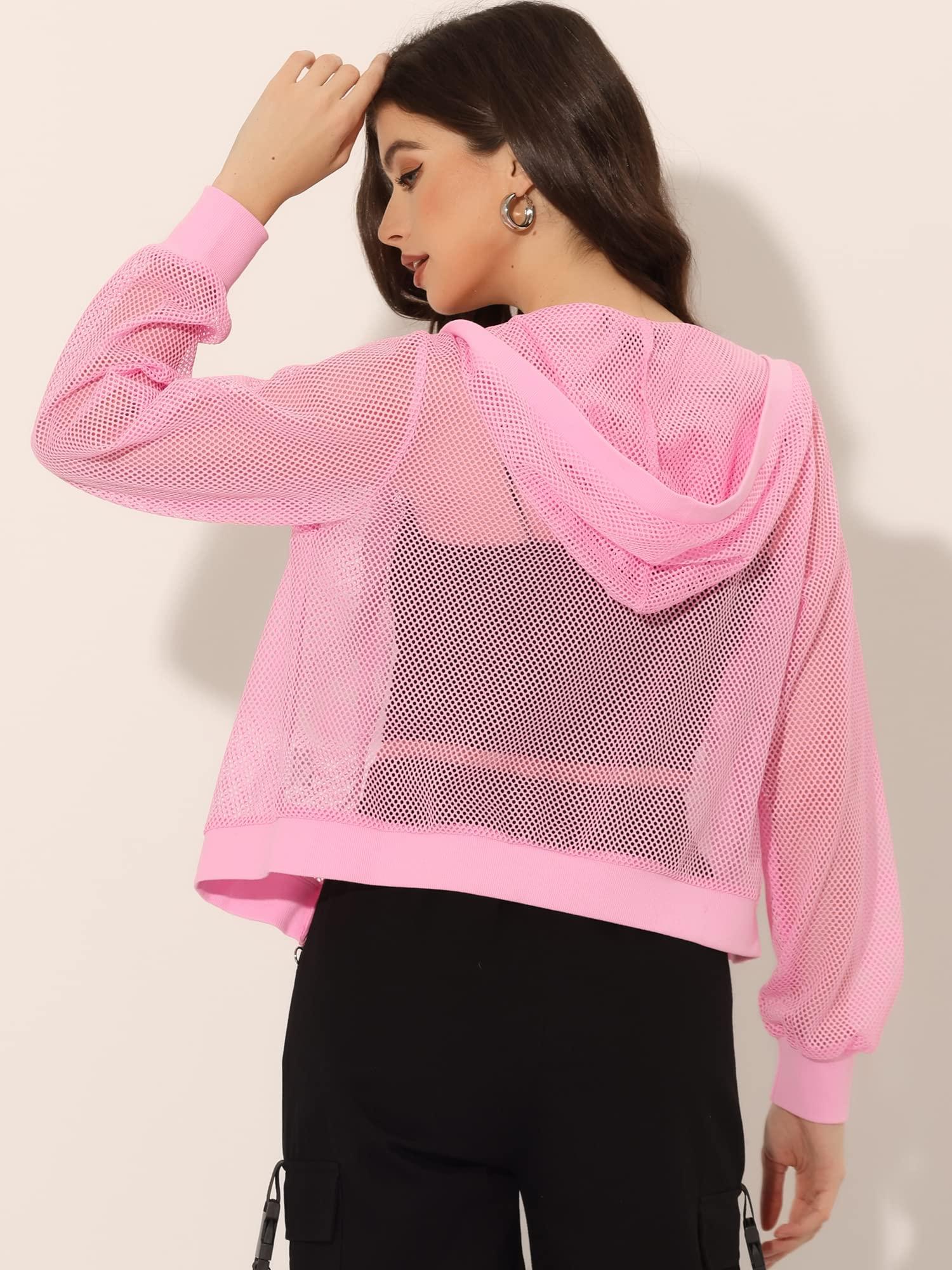 Allegra K Hoodie Jacket for Women's 2023 Zip Up Long Sleeve Mesh Sheer Bomber Jackets Pink XS 2