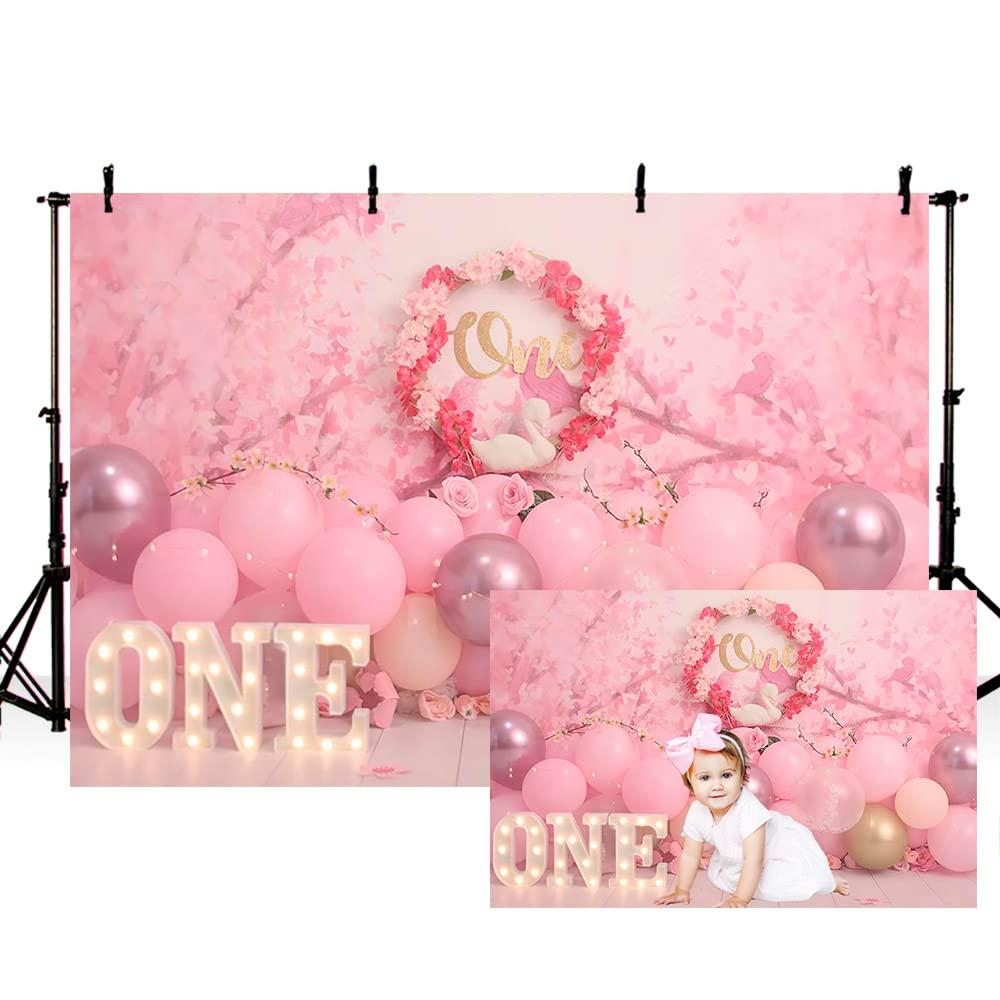 MEHOFOND 7x5ft Girl 1st Birthday Photography Background Pink Floral Balloons Kids Party Banner Decoration Supplies Retro Newborn Portrait Photo Backdrop Happy Birthday Photoshoot Studio Props 0