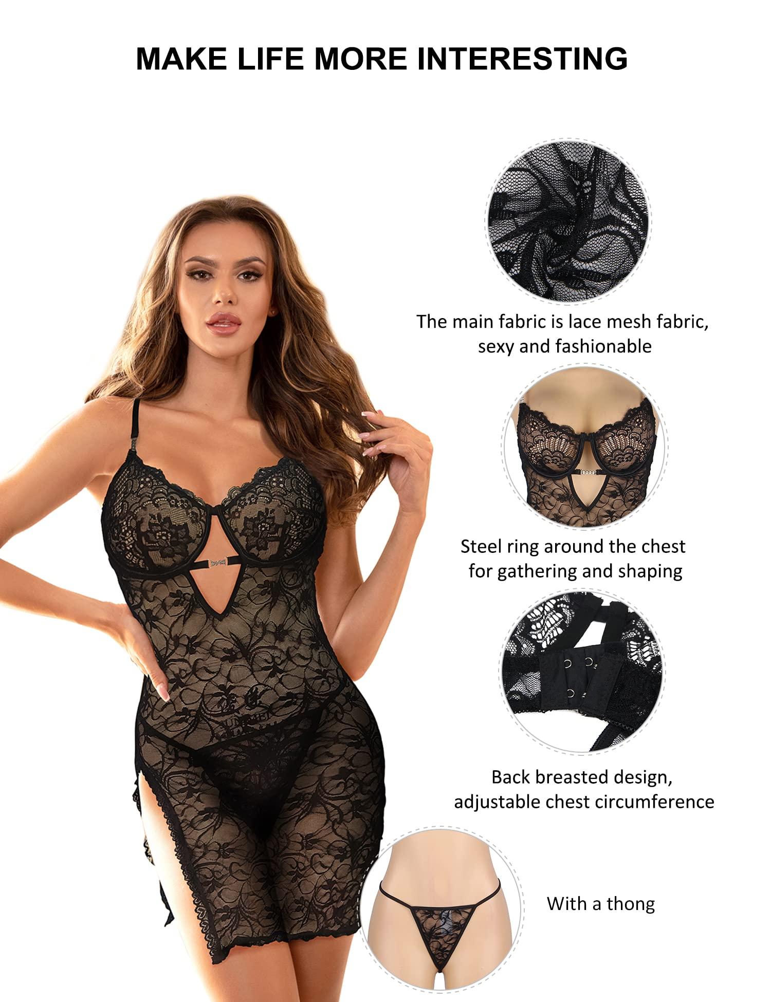 Women's Babydolls Lingerie Plus Size Satin Mini Nightwear Lace with G String Split Mesh Chemise Negligee Sheer Nighties Chemise Teddy Sleepwear Night Dress for Women UK 12 14 Black 3