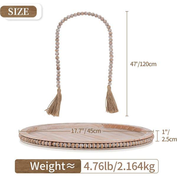 Hanobe Large Round Decorative Beaded Tray: Wood Coffee Table Tray with Beaded Garland Decor Rustic Pinkish Whitewashed Wooden Farmhouse Tray Decor for Counter Ottoman Centerpiece Candle Holder 4