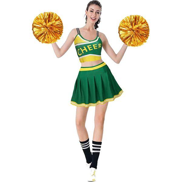 maxToonrain Cheerleader Costume Women Black,Womens Fancy Dress Cheerleading High School Straps Cheerleader Poms Poms+Outfit Uniform Skirt Halloween Costumes for Women (Green,2XL) 2
