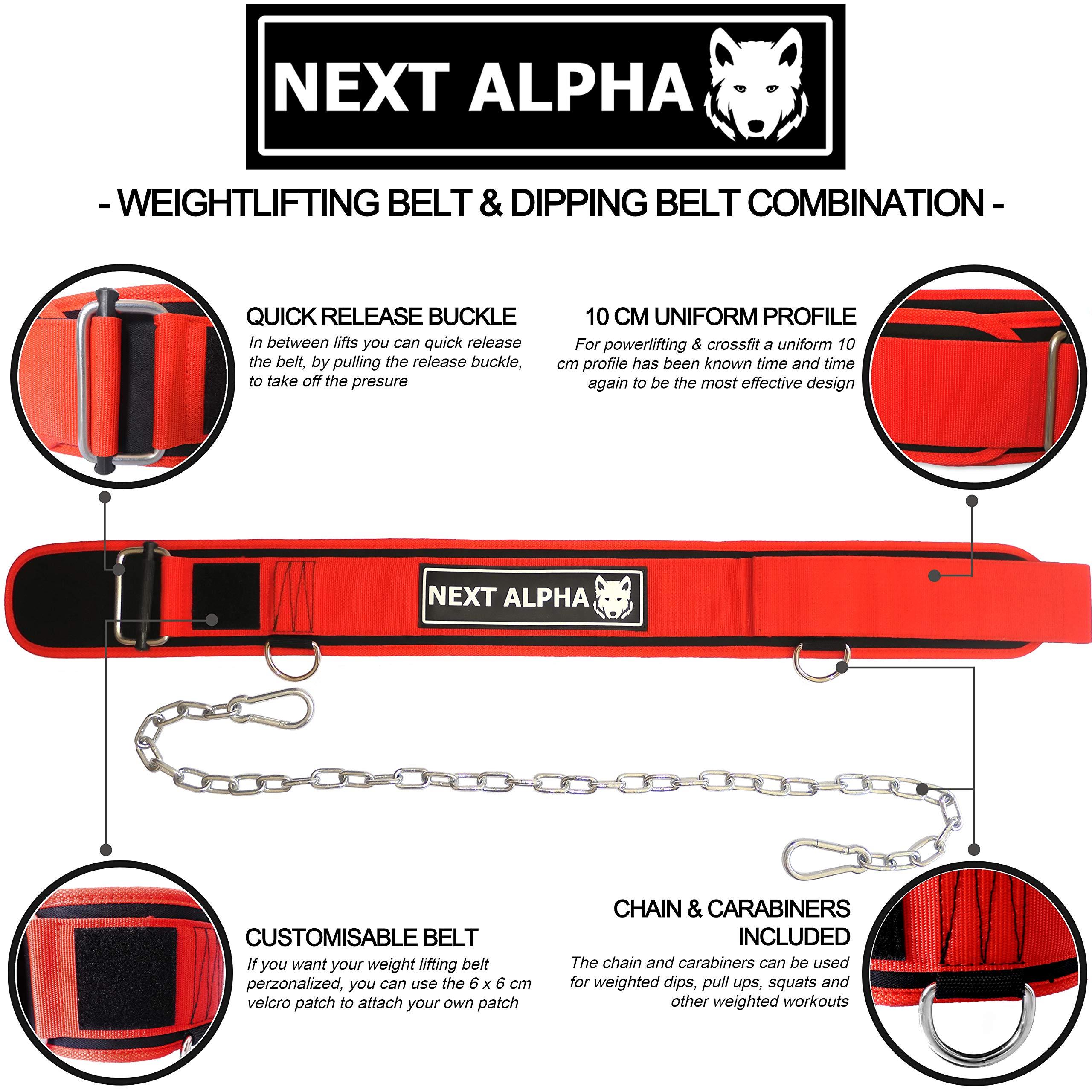 Next Alpha Weightlifting Belt & Dip Belt Combination - Custom Weight Lifting Belt for Men and Women - Self-Locking & Quick Release Buckle - With Chain - Red - Extra Large 1