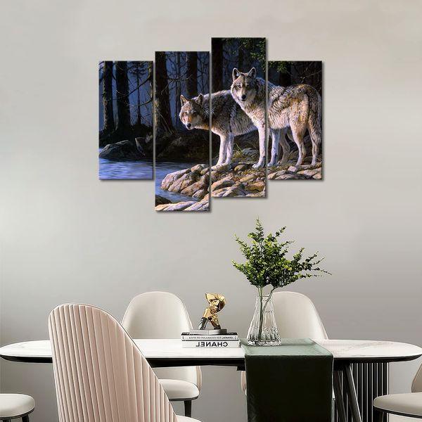 Two Wolf Stand On River Bank Forest Wall Art Painting Wolves Pictures Print On Canvas Animal The Picture For Home Modern Decoration 4