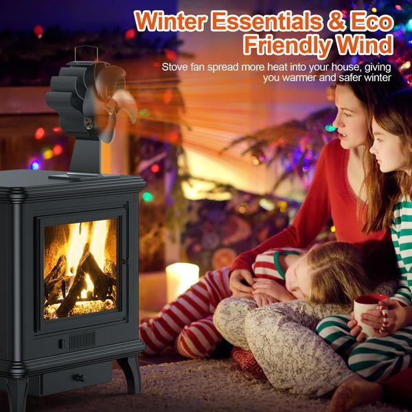 PEDOOD Log Burner Fan, 4-Blade Stove Fan, Heat Powered Woodburner Stove Fan, Stove Fans Log Burners with Thermometer and Over-Heating Protection, Silent and Even Heat Distribution Wood Burner Fans 2