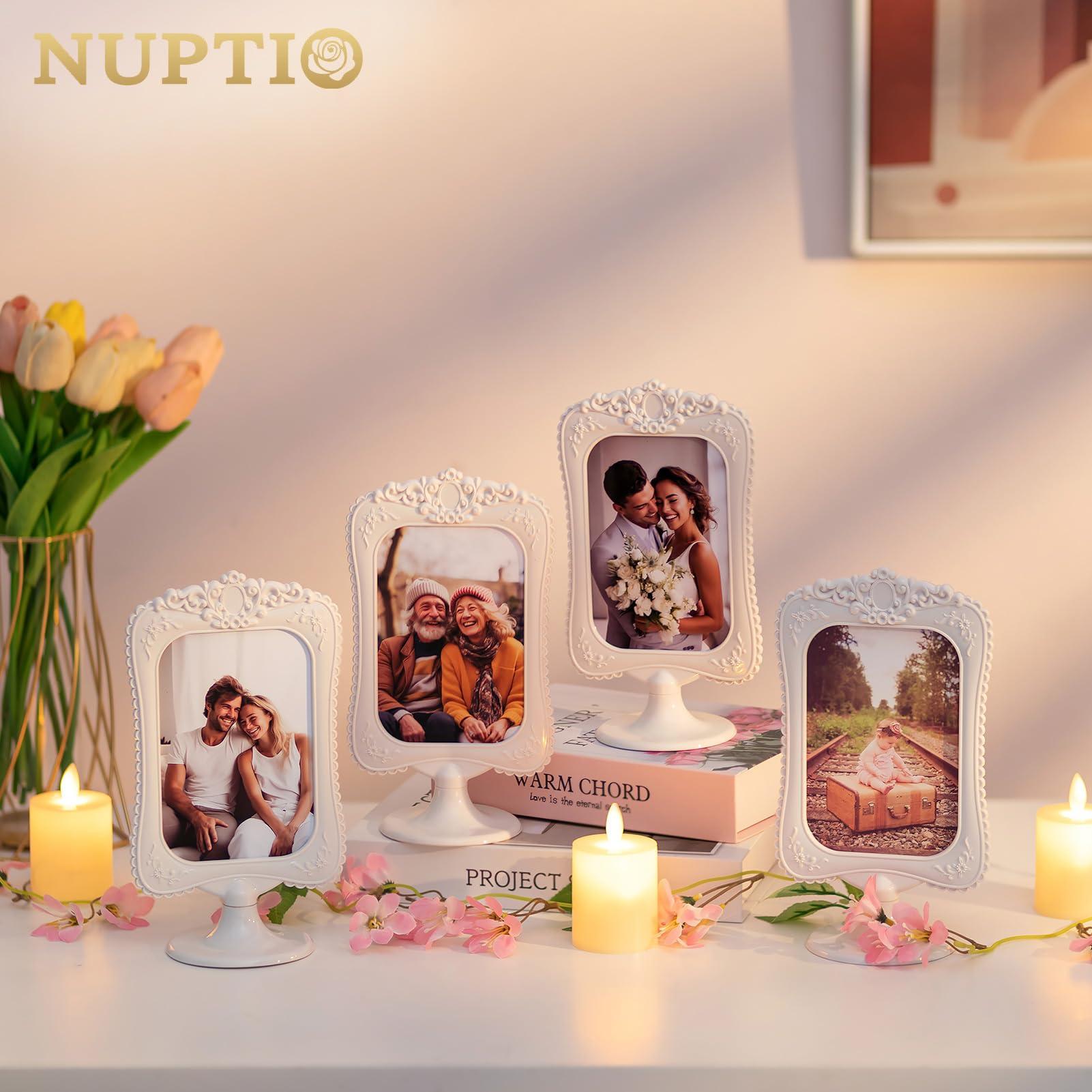 NUPTIO Photo Frame Double Sided: Set of 8 6x4 Inch White Picture Stand Baby Standing Vintage Wedding Day Table Birthday Multipack Plastic Love Christmas Anniversary Photograph Shower Photoframe 1