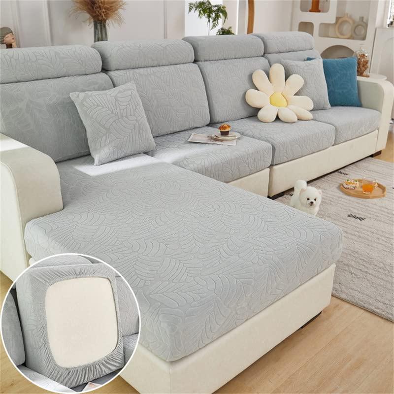 Topchances Sofa Seat Cushion Covers - Stretch Sofa Cushion Covers Replacement, Non-Slip Sofa Seat Slipcovers for Sofa Cushion L Shaped Chaise Longue Furniture Protection (Leaves, Light Grey) 0