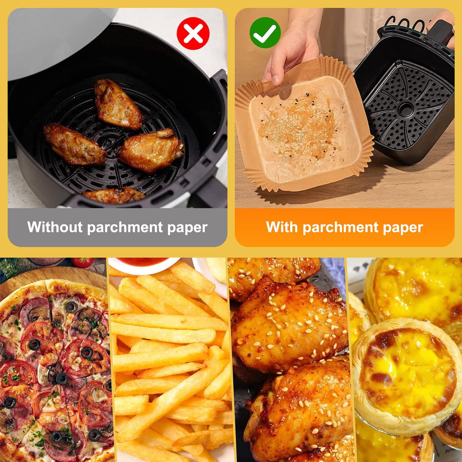 (7.9in*7.9in)Square Air Fryer Liners Disposable,Food Grade Parchment,Oil and Water Resistant on Both Sides,Compatible with COSORI,Ninja,Tower,Tefal Air Fryer,Suitable for Steamer,Microwave Oven,50PCS 4