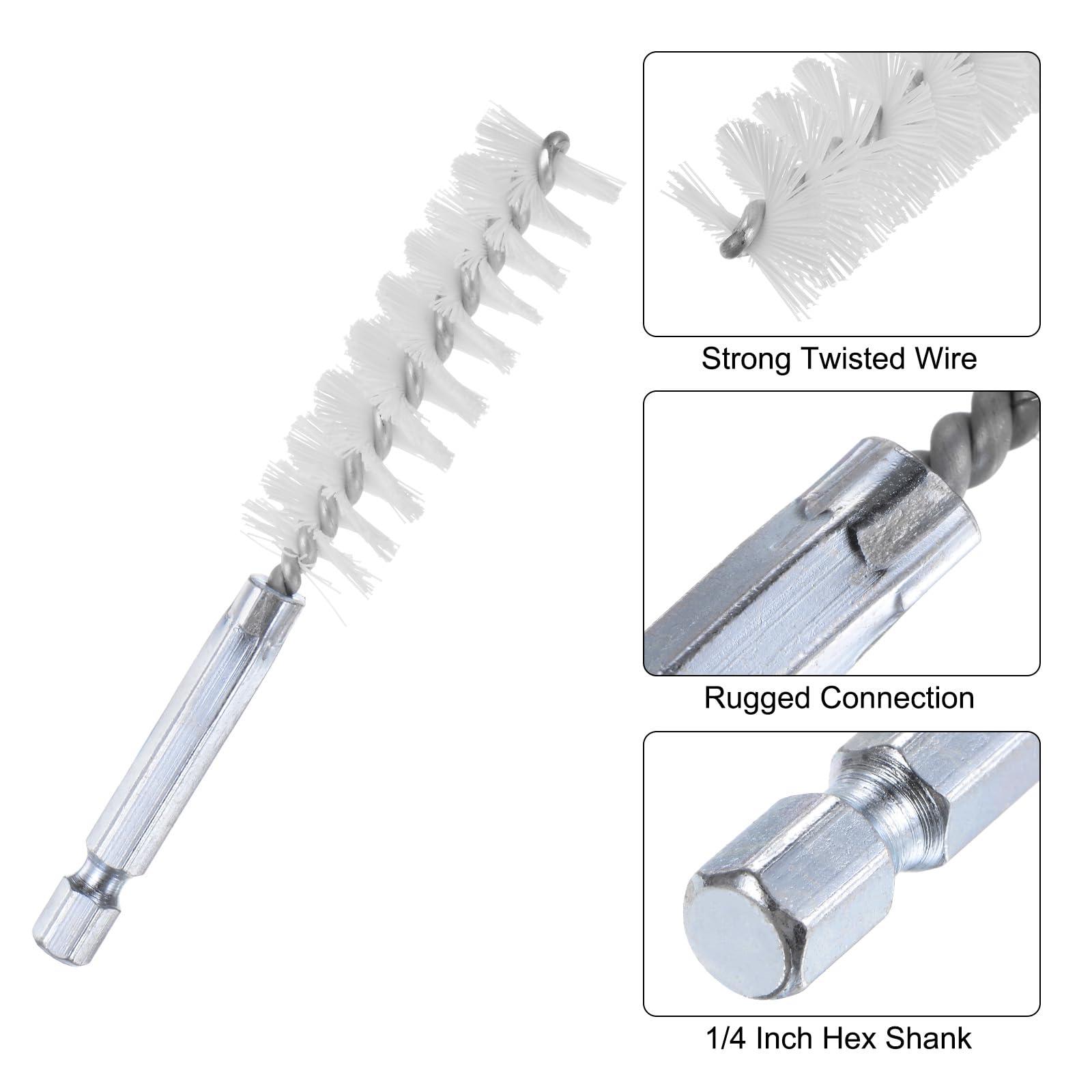 sourcing map Nylon Bore Brush 16mm Dia 4" Long Cleaning Twisted Wire Brush with Handle 1/4" Hex Shank for Tubes, Ports, Bearings 8