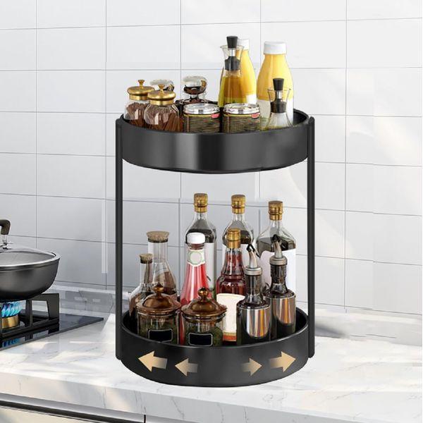 Fineget Rotating Spice Rack Organizer for Cabinet Kitchen 2 Tier Large Metal lazy Susan Spinning Turntable Tiered Vertical Storage Rack Self Black 1