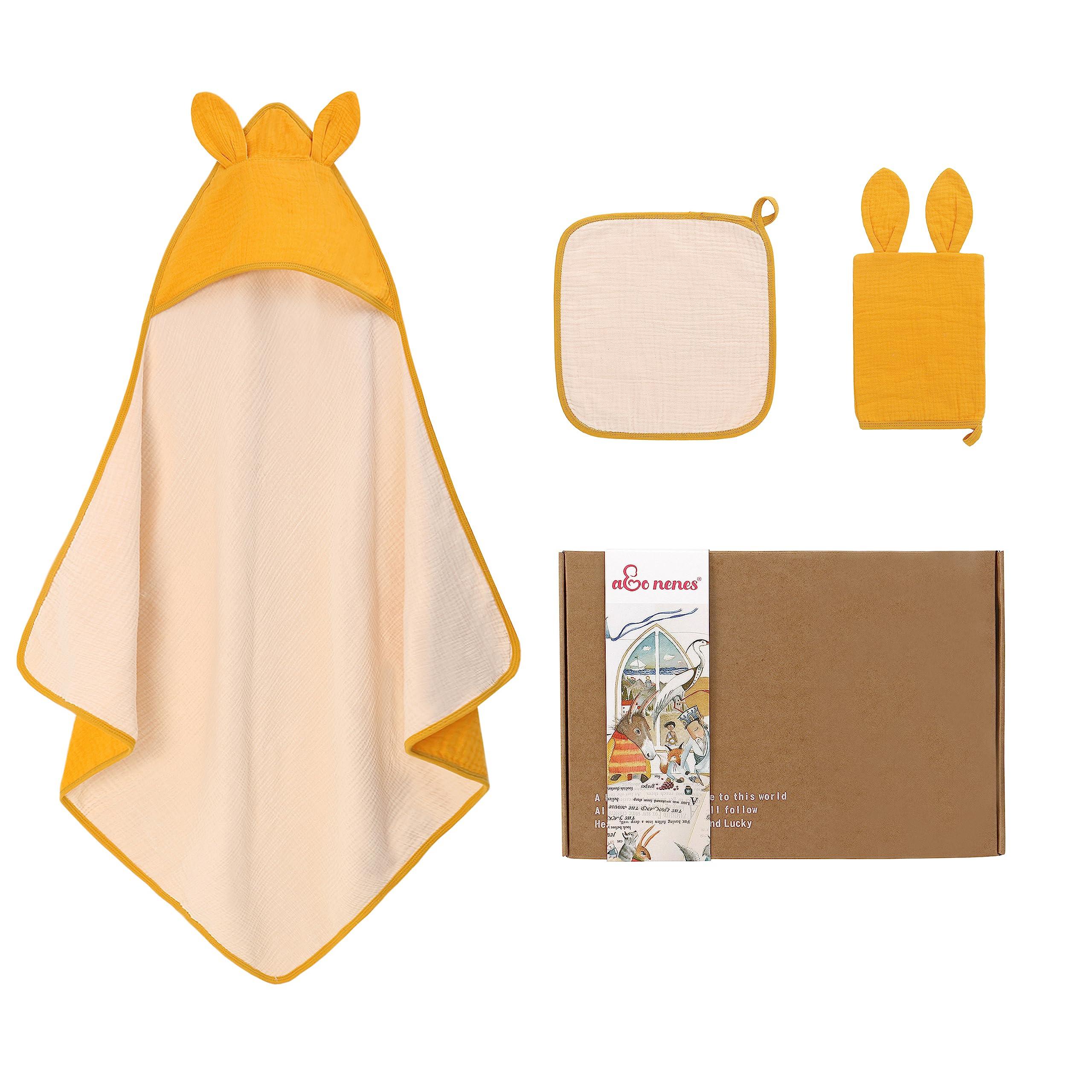 Baby Bath Towel Set, Baby Towel with Hood Baby Toddler Bathrobe Hooded Towel Baby 100% Organic Cotton Muslin Hypoallergenic Towels Super Soft 33.5”*33.5”, 3pcs Set Towel+Washcloth+Gloves, Yellow 0