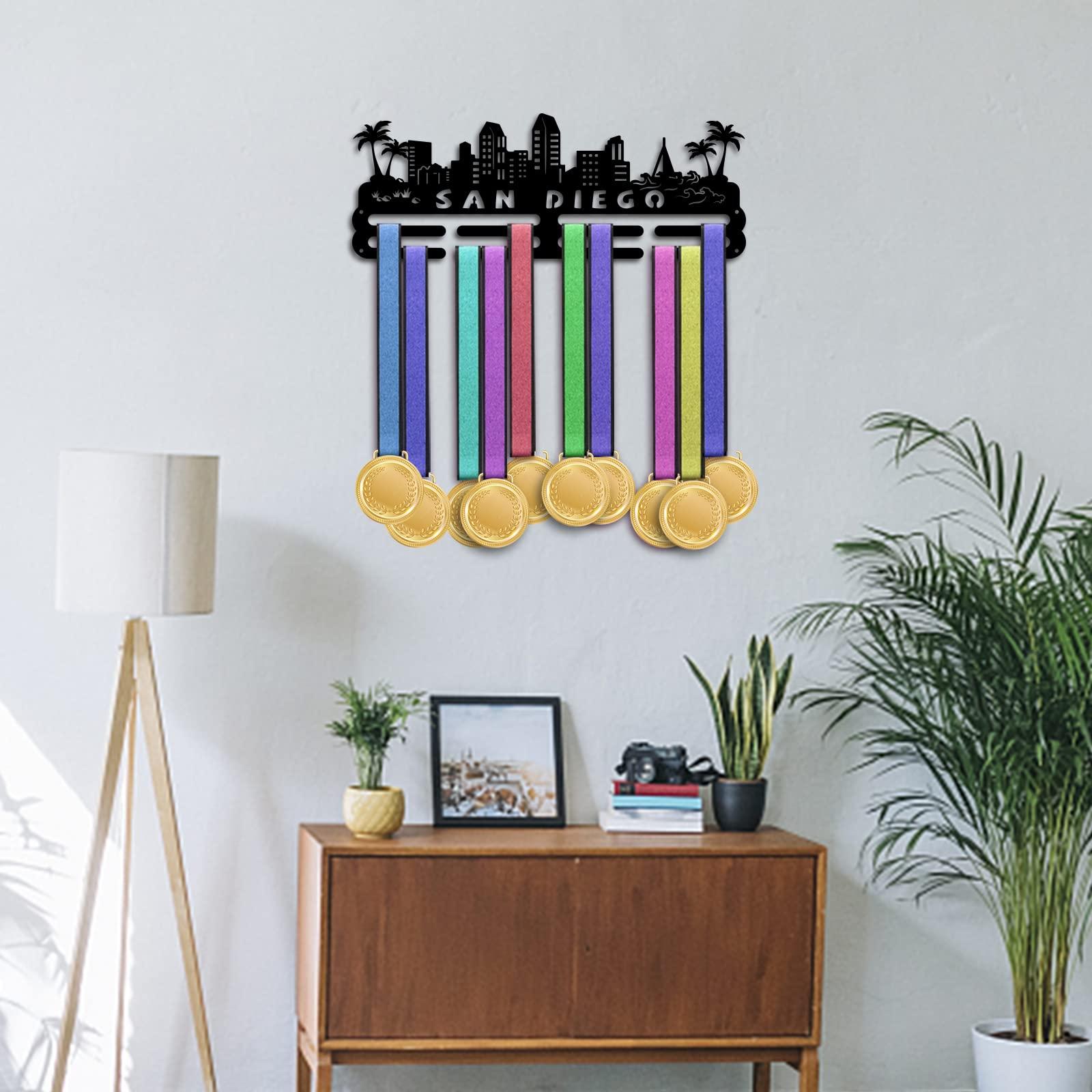 PH PandaHall Medal Holder City Silhouette Medal Hanger Award Ribbon Hanger 3 Lines Medal Hanger Sport Award Ribbon Cheer Rack Wall Mount Iron Frame for Over 50 Medals 15.75 Inch/40cm 4