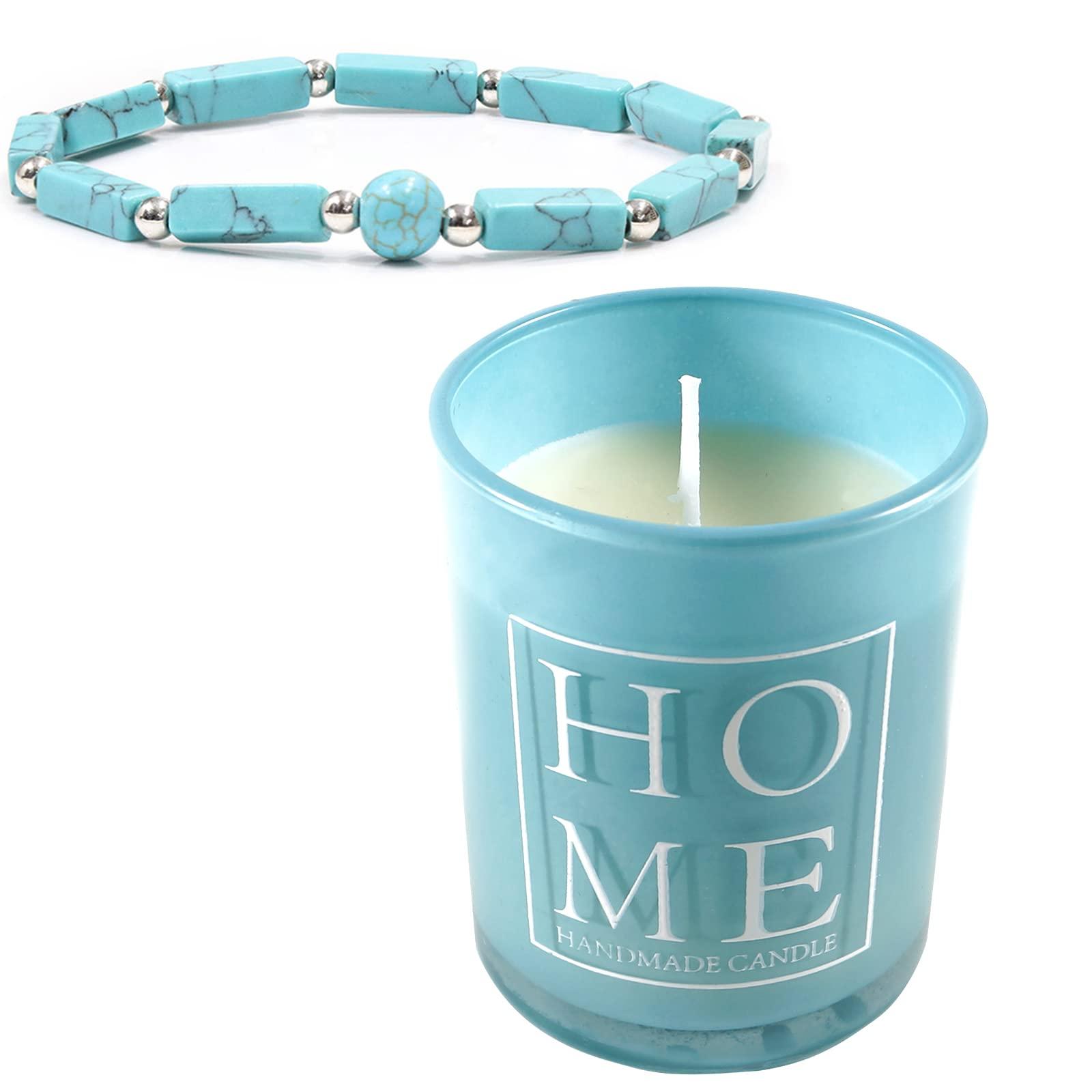 Soulnioi Scented Candle Soy Candle Aromatherapy Candle with 35 Hours Burn Time for Home Fragrance Stress Relief (Grape Scent), and 1pc Natural Crystal Bracelet Beaded Turquoise Bracelet (Blue)