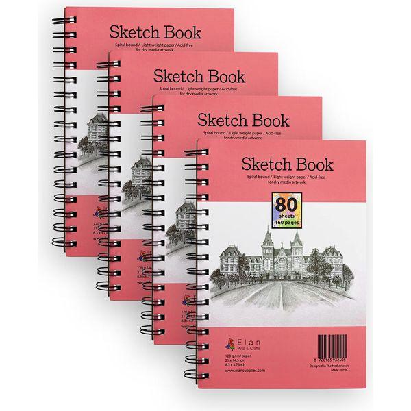 Elan Sketch Book A5 (4 Pack), 320 Sheets 120gsm Paper, A5 Sketchbook Spiral Bound Made for Artists, A5 Art Book, Sketching Pad A5, Lightweight Drawing Book, Sketchbook A5, Small A5 Sketch Pad A5