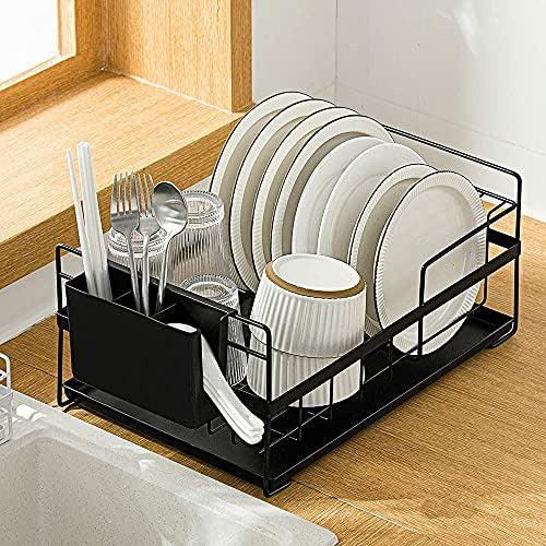 SUNFICON Dish Drainer Kitchen Countertop Dishes Drying Rack Dish Drying Organiser Holder With Drip Tray Draining Board Cutlery Utensil Holder RV Studio Small Flat 48×29.5×19 cm Black 1