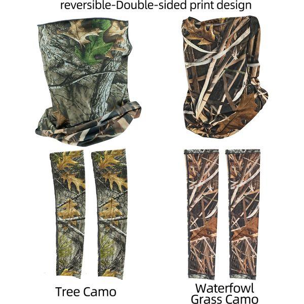 Tongcamo Duck Hunting Face Mask Gaiter Camo Gloves Leafy, Arm Sleeves for Men Women Waterfowl Tree Camouflage Turkey Hunting Blinds, 5 Pieces Hunting Accessories 3