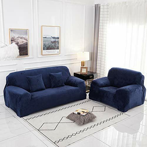 Sinoeem Sofa Covers 1 2 3 4 Seater Velvet (Free 2 pillow cases) Pure Color Sofa Slipcovers Protector Easy Fit Elastic Fabric Stretch Machine Washable Couch Slipcover (4 Seater:235-300cm, Sofa-Blue) 2