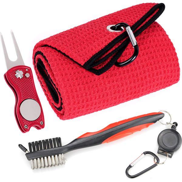 Mile High Life Microfiber Waffle Pattern Golf Towel | Club Groove Cleaner Brush | Foldable Divot Tool with Magnetic Ball Marker (Red Towel/Brush/Fish Divot) 0