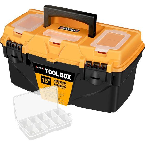 AIRAJ PRO Waterproof Toolbox Storage,15"Plastic Tool Box With Removable Tray,3 Transparent Storage Room,2 Hard Plastic Clips,Tool Storage Box for Household Tools,Toys,Decorations and Stationery