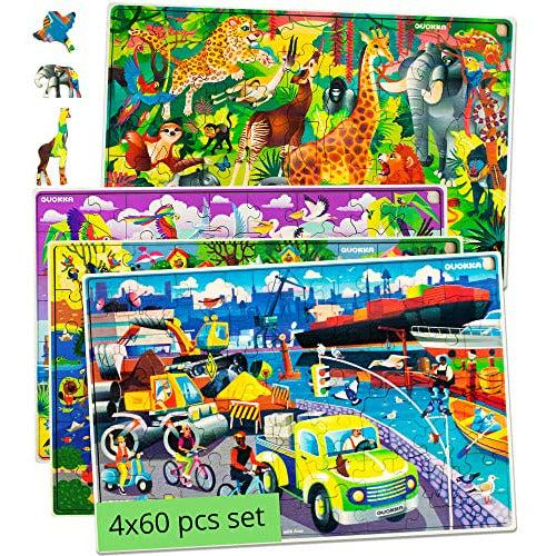 Wooden Jigsaw Puzzles for Kids 4 5 Year Olds - Set of 4 Boys and Girls Toys Age 6 7-60 Piece Kids Puzzles with Animals and Cars - Present Educational Games for Children 8-12