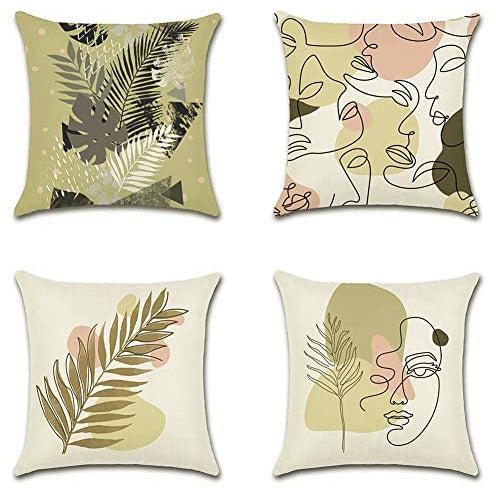 Artscope Set of 4 Decorative Cushion Covers 45x45cm, Abstract Human Face and Plant Pattern Waterproof Throw Pillow Covers, Perfect to Outdoor Patio Garden Bench Living Room Sofa Farmhouse Decor 0