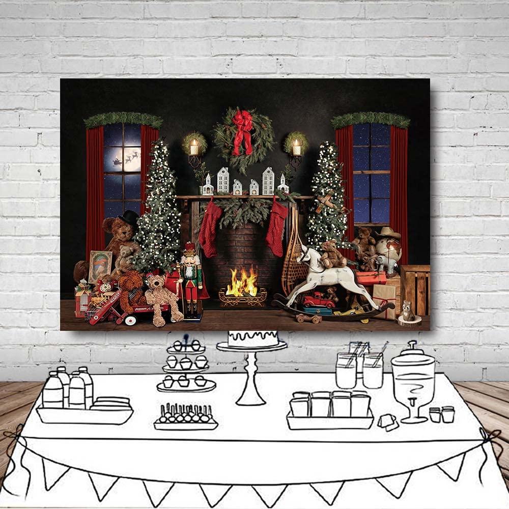 MEHOFOND 7x5ft Christmas Backdrop Xmas Tree Bear Fireplace Fire Christmas Wreath Toy Photography Background Family Festival Party Decoration Banner Portrait Photo Studio Props Supplies 4