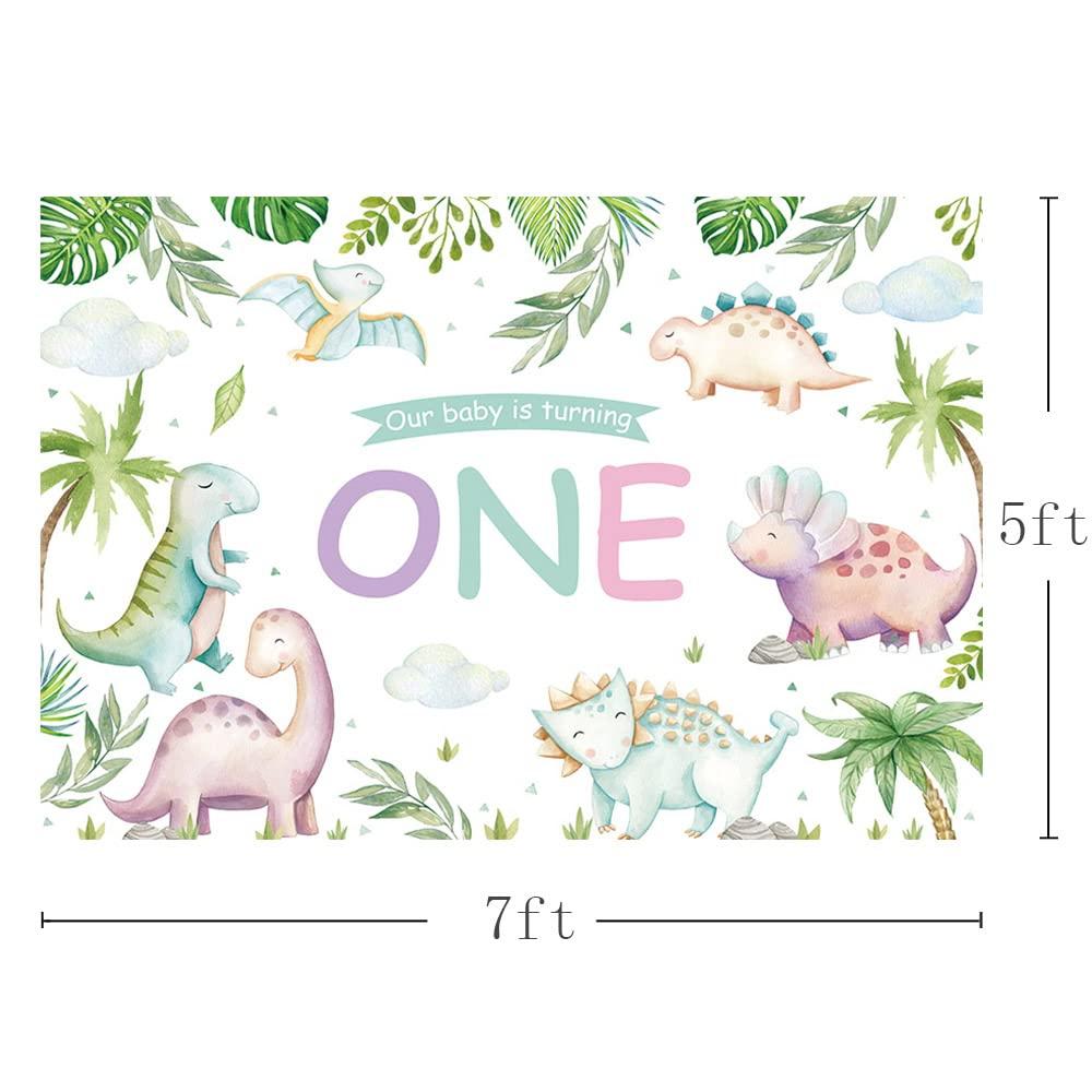 MEHOFOND 7x5ft Pastel Dinosaurs 1st Birthday Backdrop Our Baby Is Turning One Party Banner Cake Smash Decoration Green Leafs Adventure Dinosaur World Photography Background Photo Studio 2