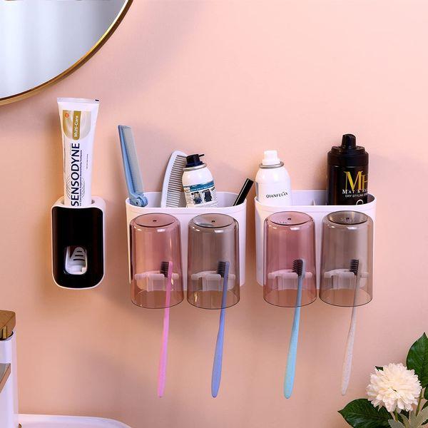 QiCheng&LYS Toothbrush Holder Automatic Toothpaste Dispenser Easy to Install with 4 Cups, 8 Dust-Proof Toothbrush Slots,4 Cosmetic Storage Areas (New 4cup+1) 0