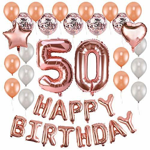 HOWAF Rose Gold 50th Birthday Decorations for Women Birthday Party Supplies 59 Pack with Happy Birthday Banner Hanging Swirl Confetti Latex Balloons Star Heart Foil Balloons 2