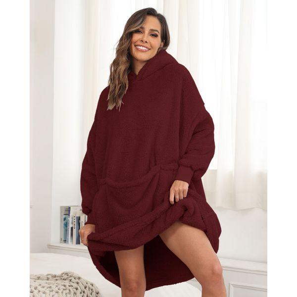 Yutdeng Oversized Blanket Hoodie Sherpa Fleece Wearable Hoodie Sweatshirt Blanket Super Soft Warm Sweatshirt with Giant Front Pocket Pullover Hoodie for Men Women and Teens,Wine Red 4
