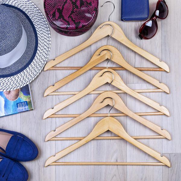 JOSKEL Pack of 20 Wooden Coat Clothes Hangers made with Natural Wood and Non Slip Trouser bar, Extra Smooth Finish, Strong Shoulder Notches 4