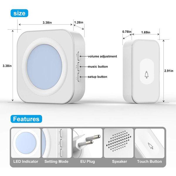 Wireless Doorbell IP55 Outdoor Waterproof Wireless Doorbell Set, House Doorbell with LED Display, 36 Ringtones, 4 Volume Levels, 300 m Range - White 4