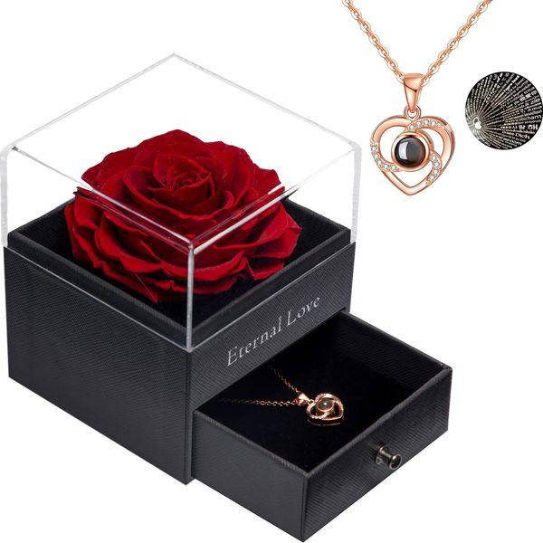 Sunia Eternal Handmade Rose Preserved Real Rose with Love You Necklace 100 Languages Gift, Romantic Rose Flower Gifts for Valentine's Day Anniversary Wedding Birthday Mother's Day