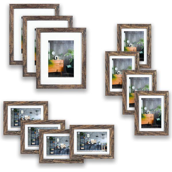 LOKCASA Distressed Brown Gallery Wall Frame Set, 11 Frames Multipack,3pcs 8x10,8pcs 5x7,Glass Window,Tabletop and Wall Mount